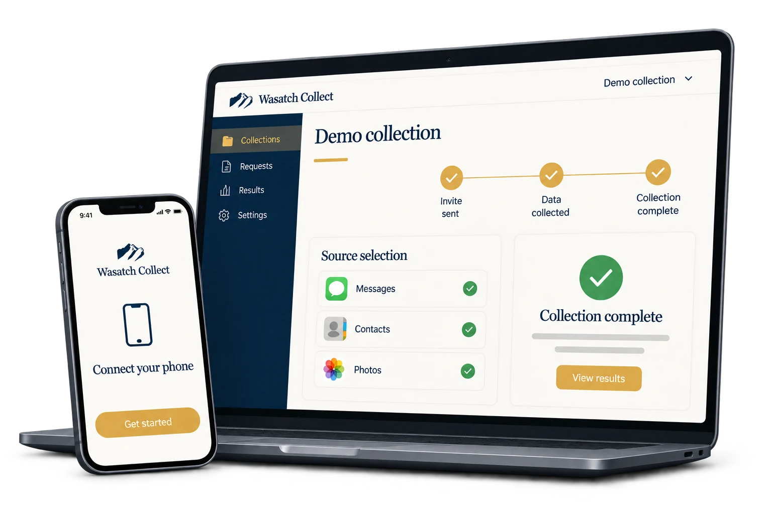 Illustration of Wasatch Collect on a laptop and phone, showing a demo collection.